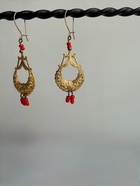 Gold Filigree Drop Earrings with Red Beads - Women Jewelry